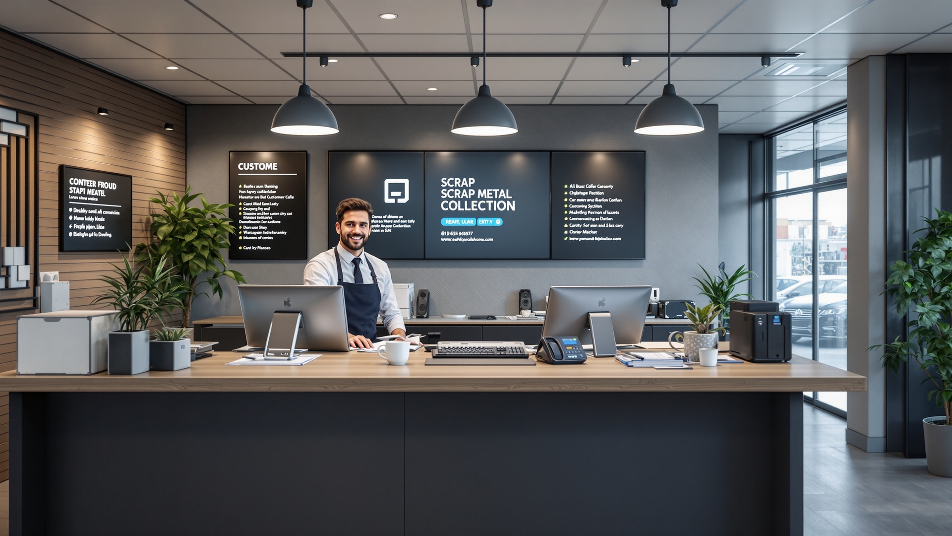 Large scrap metal recycling facility with workers and metal piles